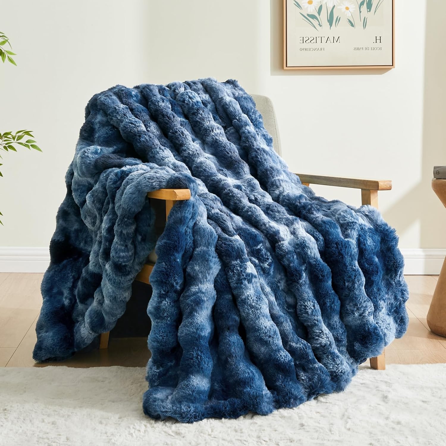 Tie-dye Blue Faux Fur Throw Blanket for Couch, Decorative Tie-Dye Blue Plush Bubble Blanket - Super Soft & Cozy Fluffy Faux Rabbit Fur Blanket for Women Gift, 50x60 Inches