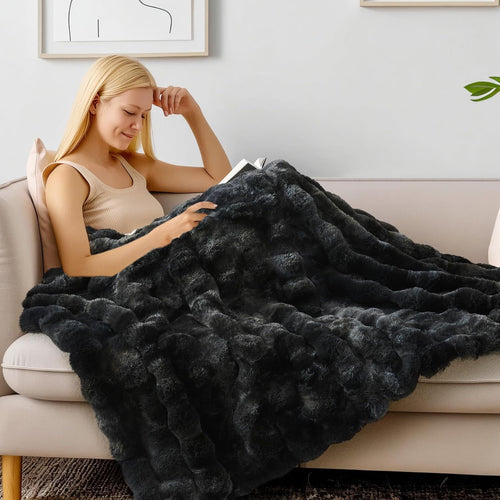 Black Faux Fur Throw Blanket for Couch, Decorative Tie-Dye Black Plush Bubble Blanket - Super Soft &amp; Cozy Fluffy Faux Rabbit Fur Blanket for Women Gift, 50x60 Inches