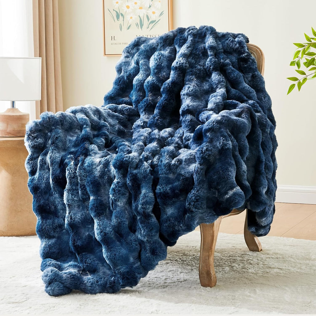 Tie-dye Blue Faux Fur Throw Blanket for Couch, Decorative Tie-Dye Blue Plush Bubble Blanket - Super Soft & Cozy Fluffy Faux Rabbit Fur Blanket for Women Gift, 50x60 Inches