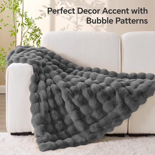 Gray Faux Fur Cream Throw Blanket, Soft Cozy Plush Bubble Blanket for Couch Sofa Bedroom Living Room Decor - 870GSM Thick Warm Fuzzy Fluffy Faux Rabbit Fur Blanket for Women Gift, 50x60 Inches