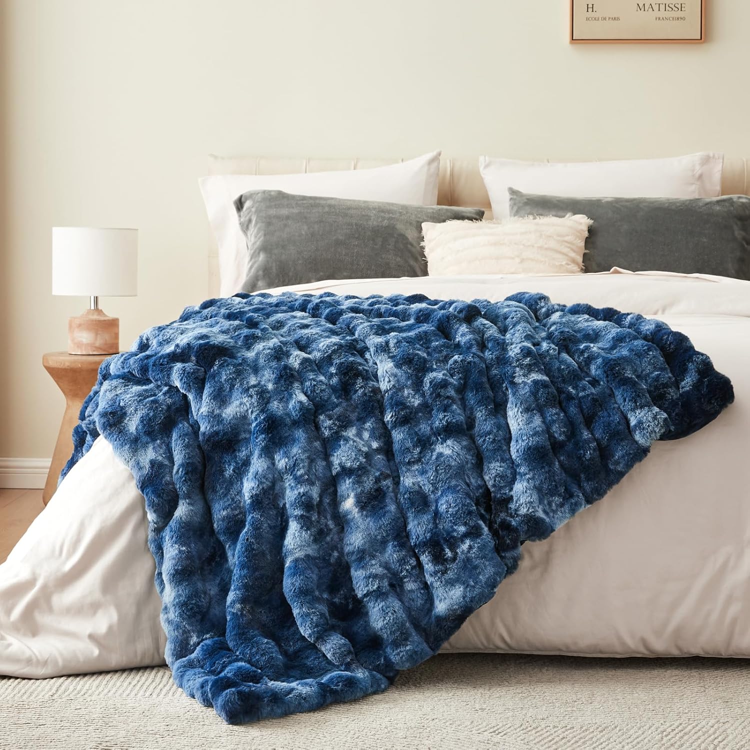 Tie-dye Blue Faux Fur Throw Blanket for Couch, Decorative Tie-Dye Blue Plush Bubble Blanket - Super Soft & Cozy Fluffy Faux Rabbit Fur Blanket for Women Gift, 50x60 Inches